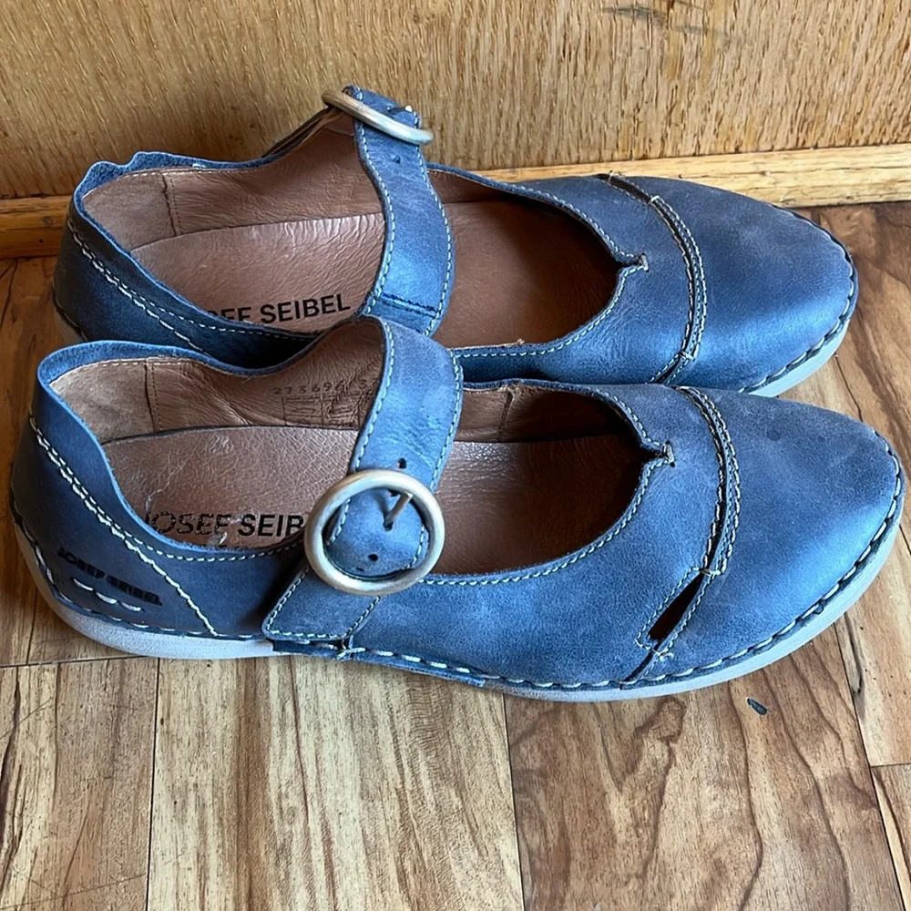 Josef Seibel Fergey blue Mary Jane Leather Flats Shoes loafers Size 37 7 US EUC